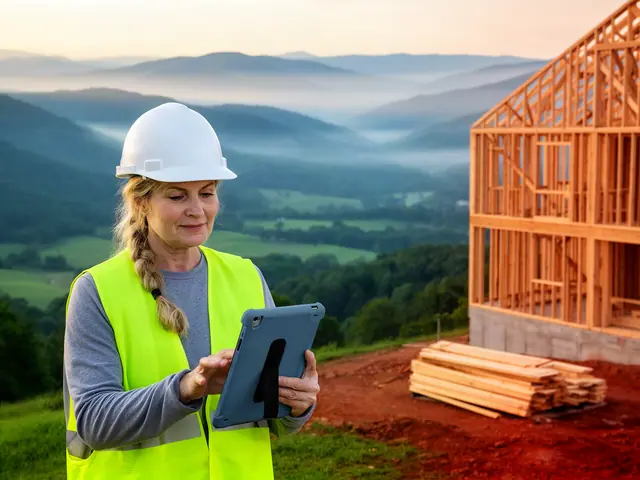 Builder in a white hard hat and yellow safety vest checking a tablet beside a timber-framed house above a misty valley