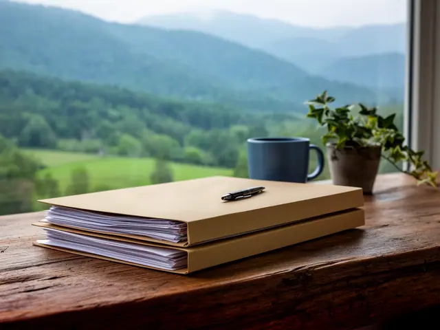 Two kraft binders of papers with a pen on a rustic wooden sill beside a blue mug and ivy, ridges outside