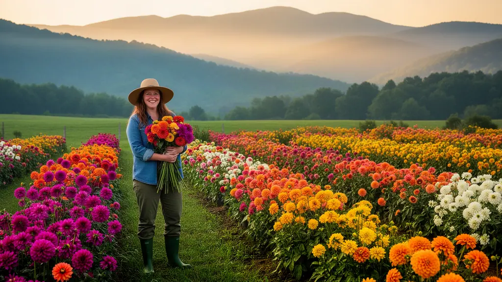 Smiling flower farmer in a straw hat holding an armful of dahlias between bright flower rows below misty blue ridges