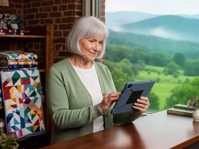 Silver-haired quilt shop owner in a sage cardigan tapping a tablet at a walnut counter beside stacked patchwork quilts