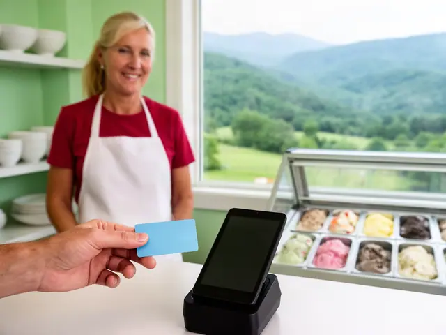 Customer holding a light-blue card toward a black terminal at an ice-cream counter